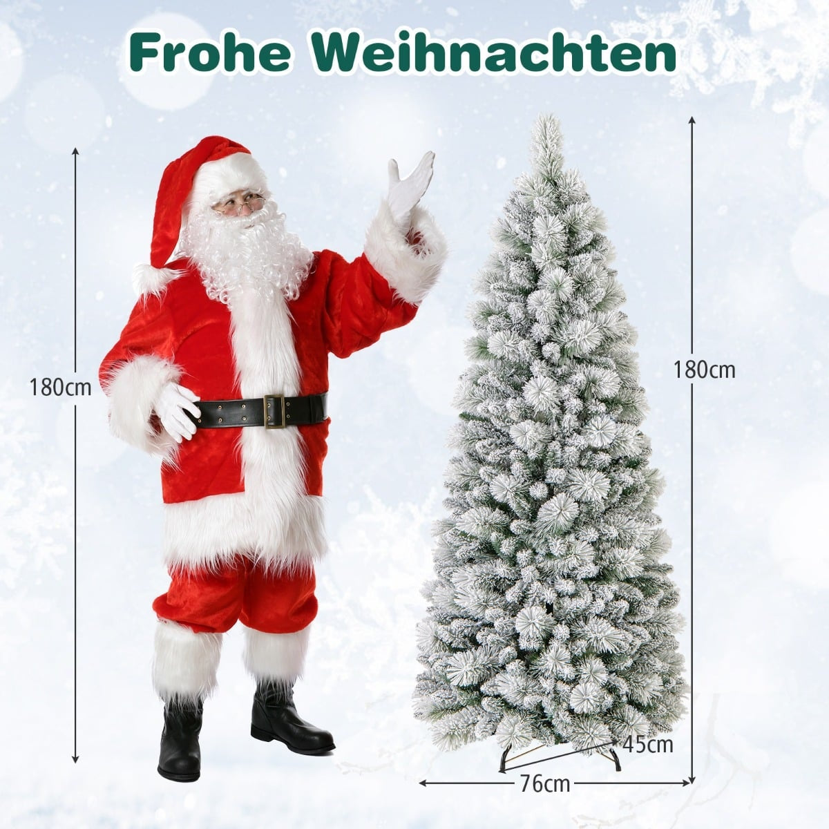 De kerstman staat naast een 180 cm hoge, besneeuwde kerstboom.