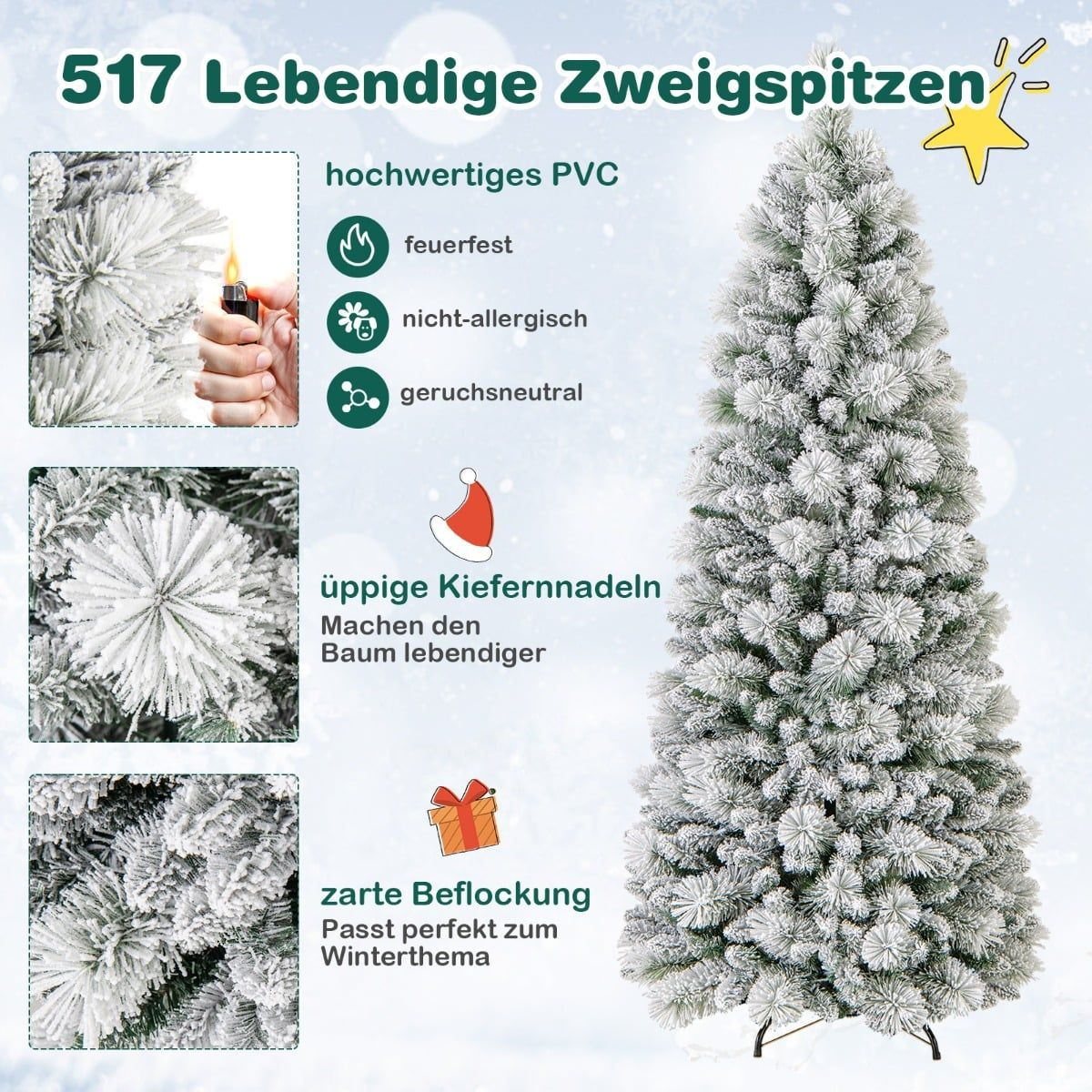 Een met sneeuw bedekte kerstboom met gedetailleerde taktoppen. Hoogwaardig PVC.