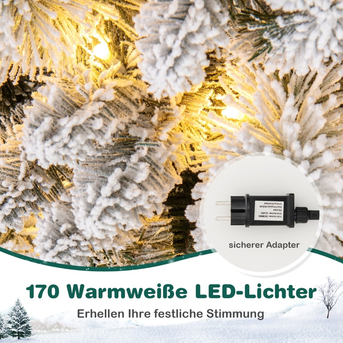 Close-up van een met sneeuw bedekte kerstboom met warmwitte LED-lampjes en adapter.