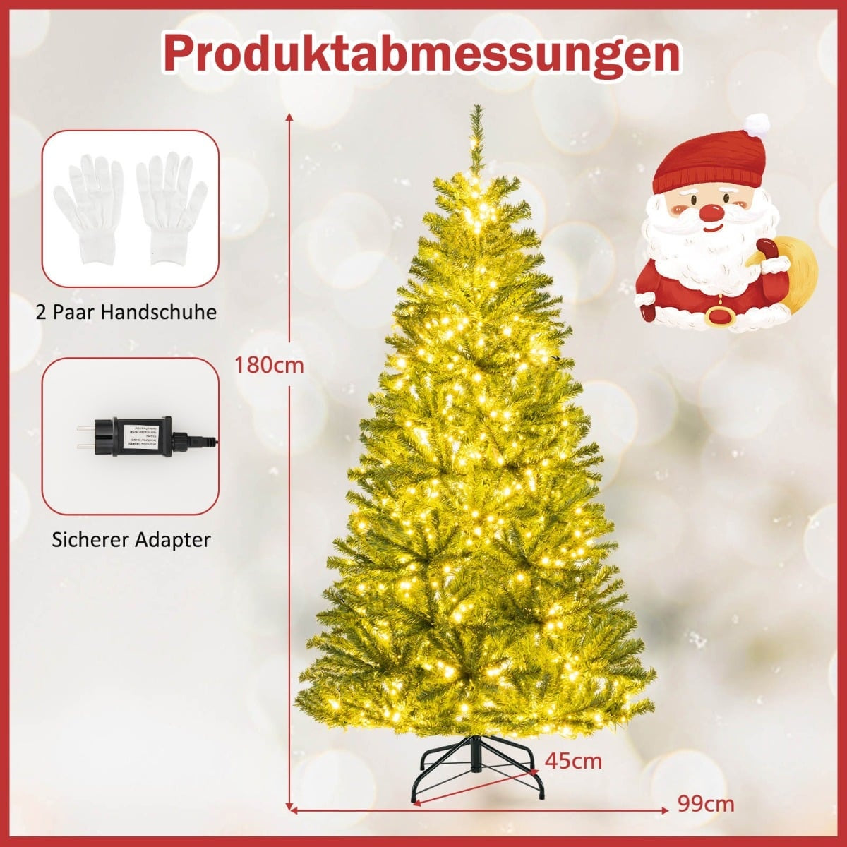 Een verlichte kerstboom van 180cm, met handschoenen, adapter en Kerstman.