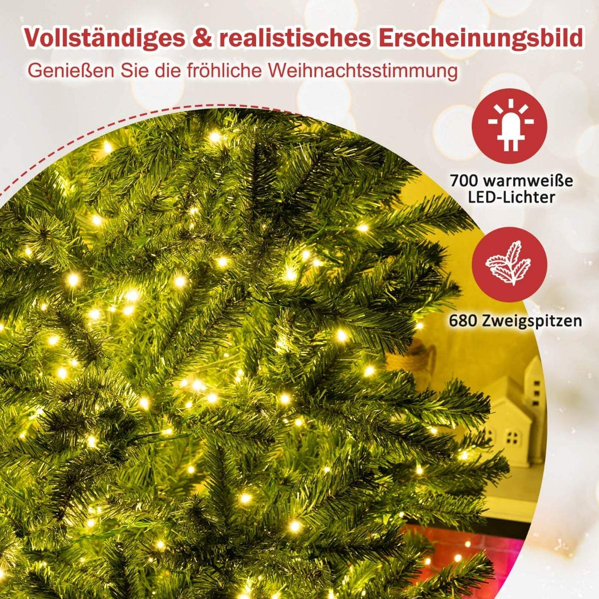 Close-up van een kerstboom met 700 warmwitte lampjes en 680 takjes.