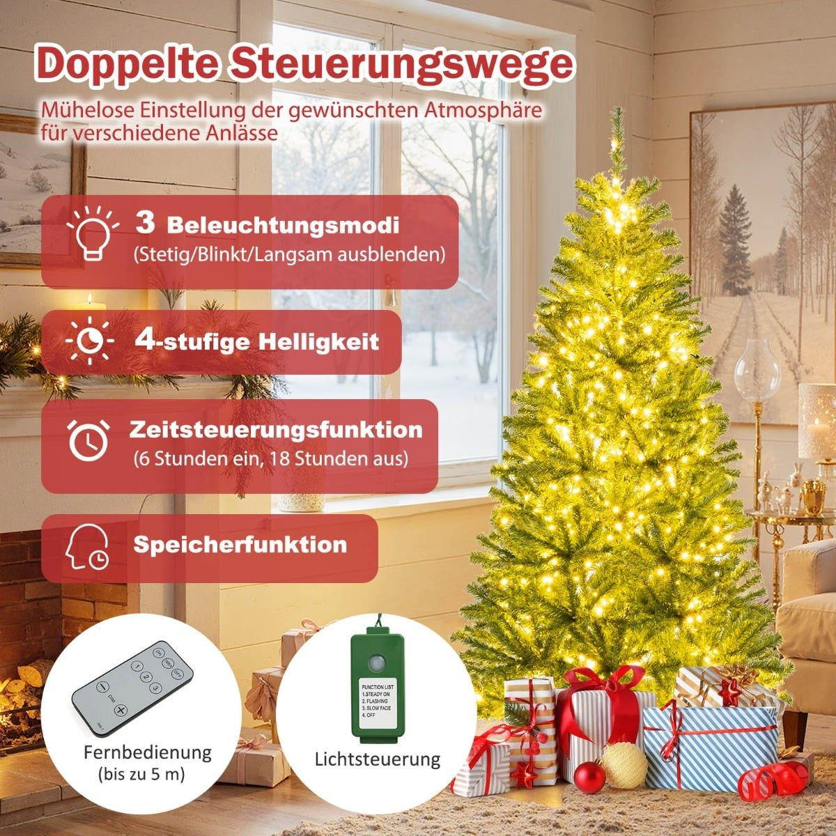 Een verlichte kerstboom met geschenkdozen en afstandsbediening.