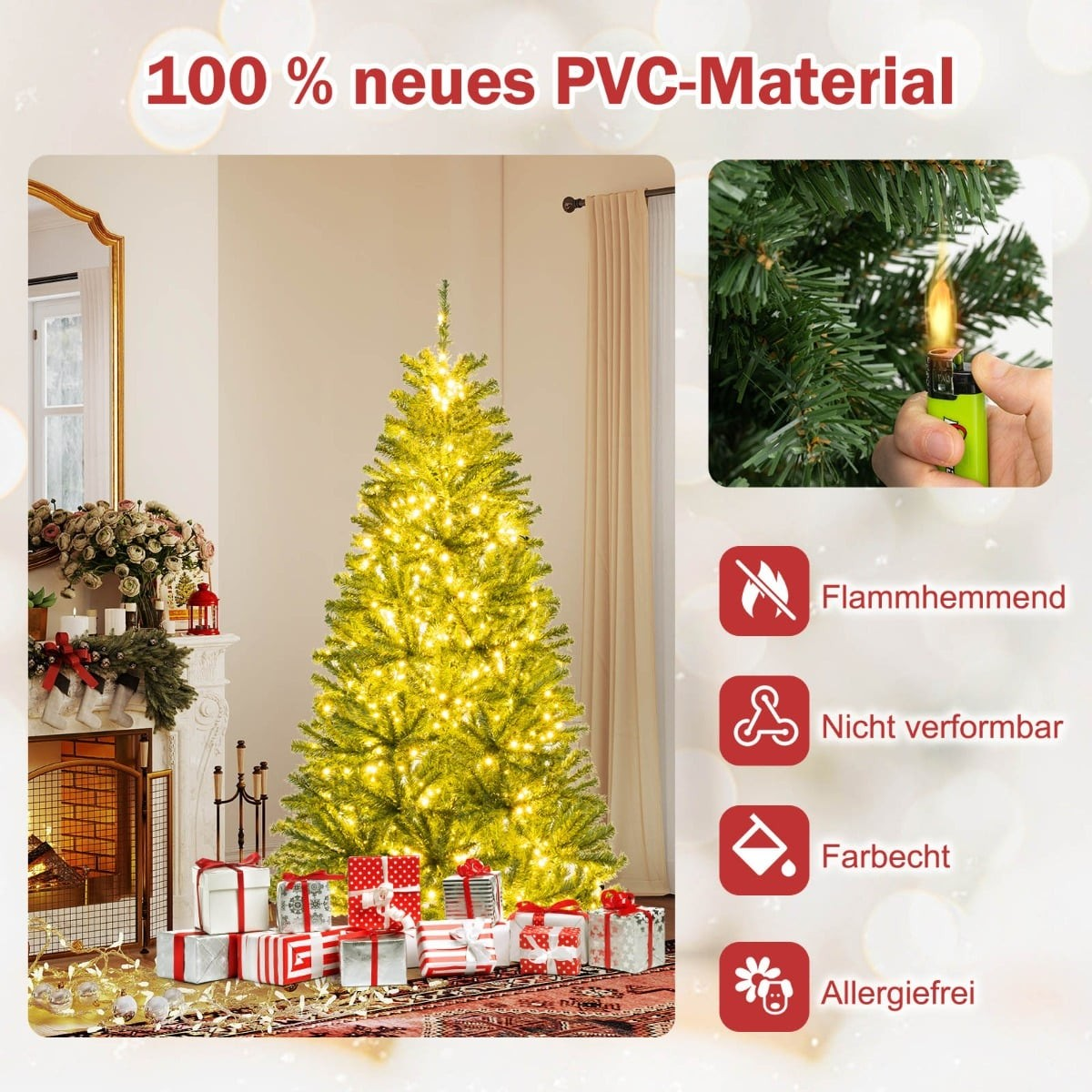 Een verlichte kerstboom met cadeaus en een open haard.