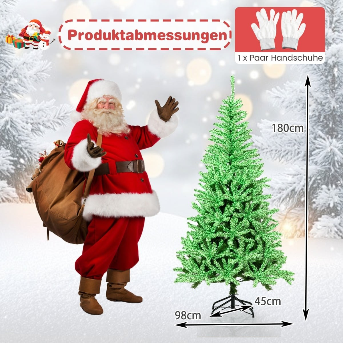 De Kerstman staat naast een groene kerstboom, 180cm hoog. Productafmetingen getoond.
