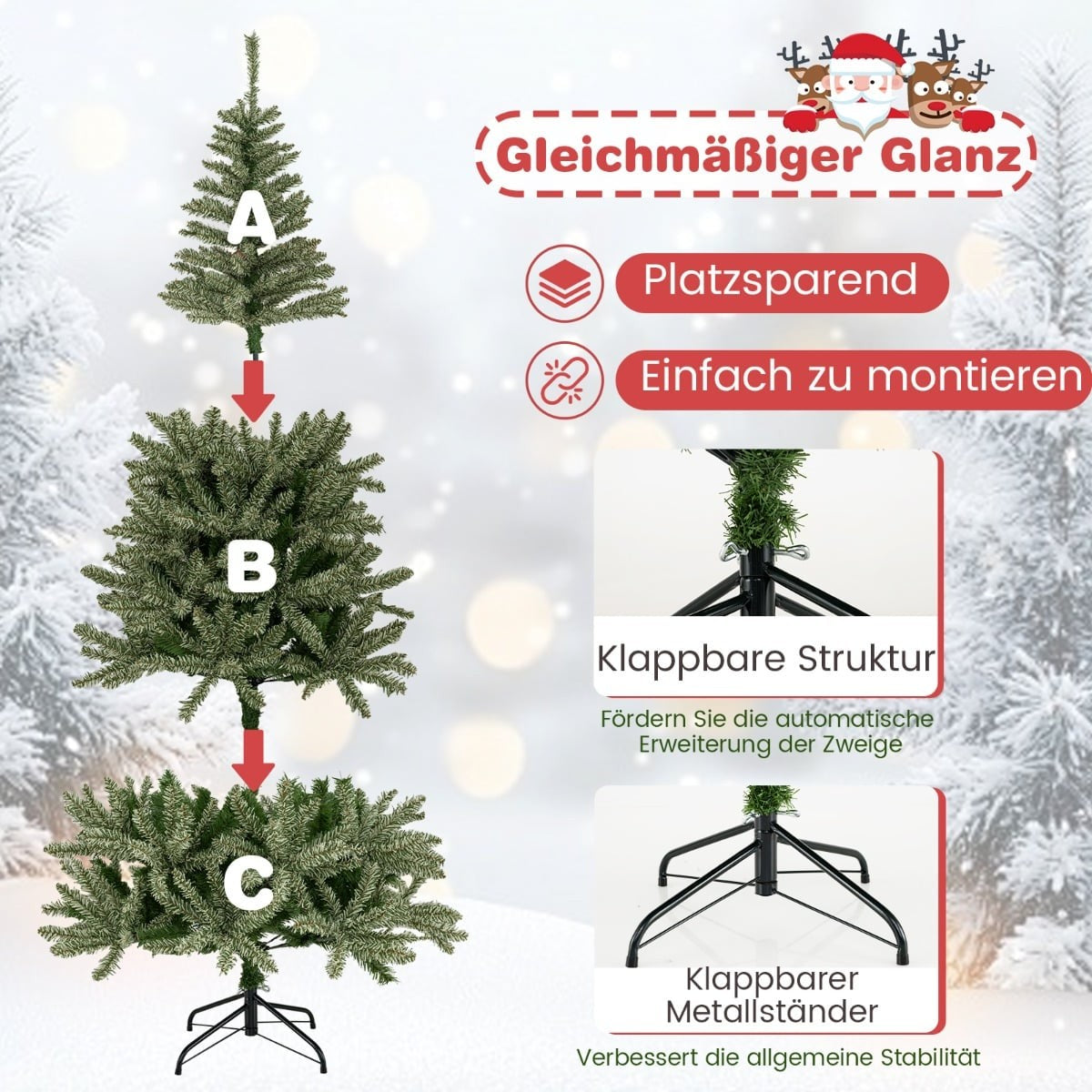 Kerstboom montage: drie delen (A, B, C) en inklapbare standaard.