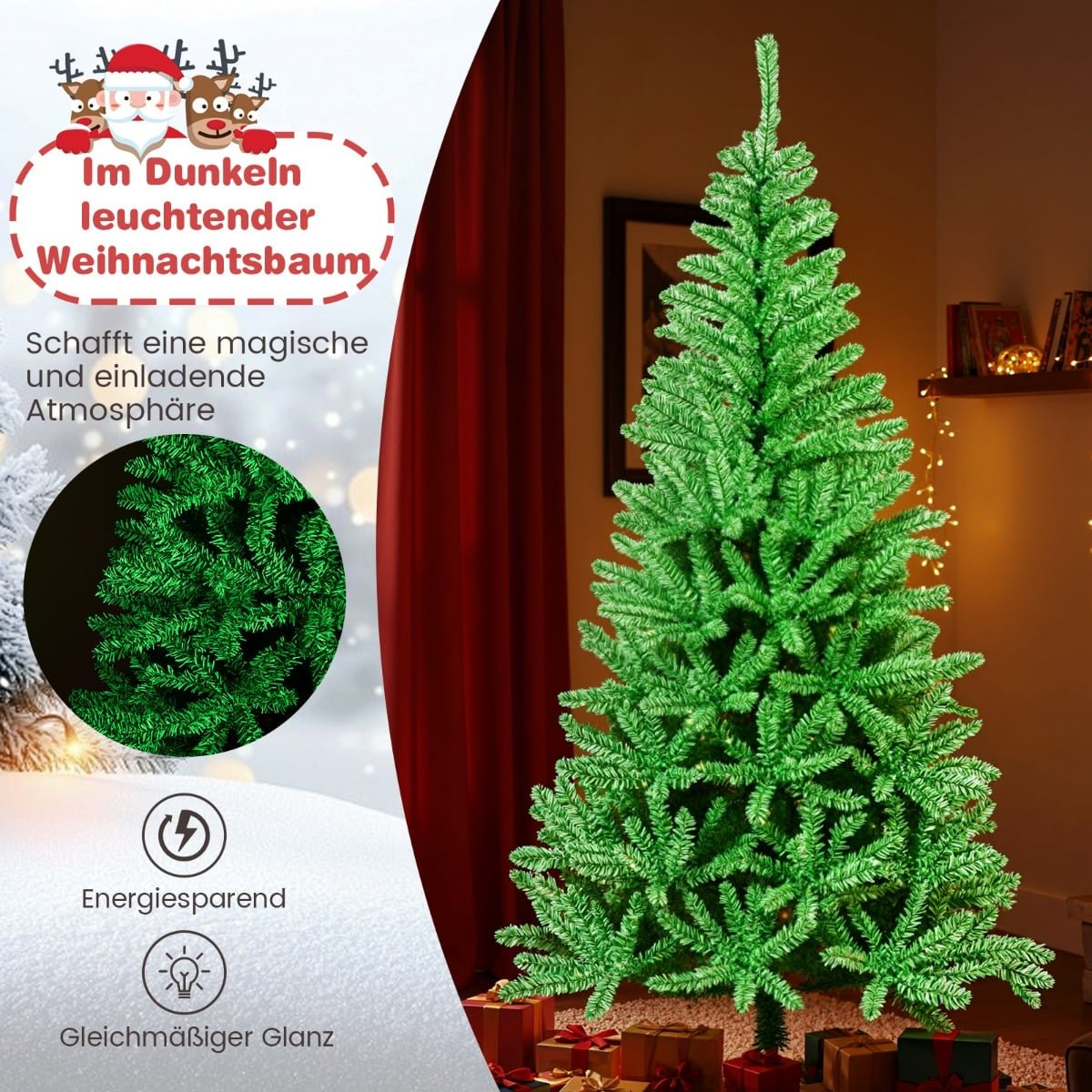 Een groene kerstboom met cadeaus en rode gordijnen.
