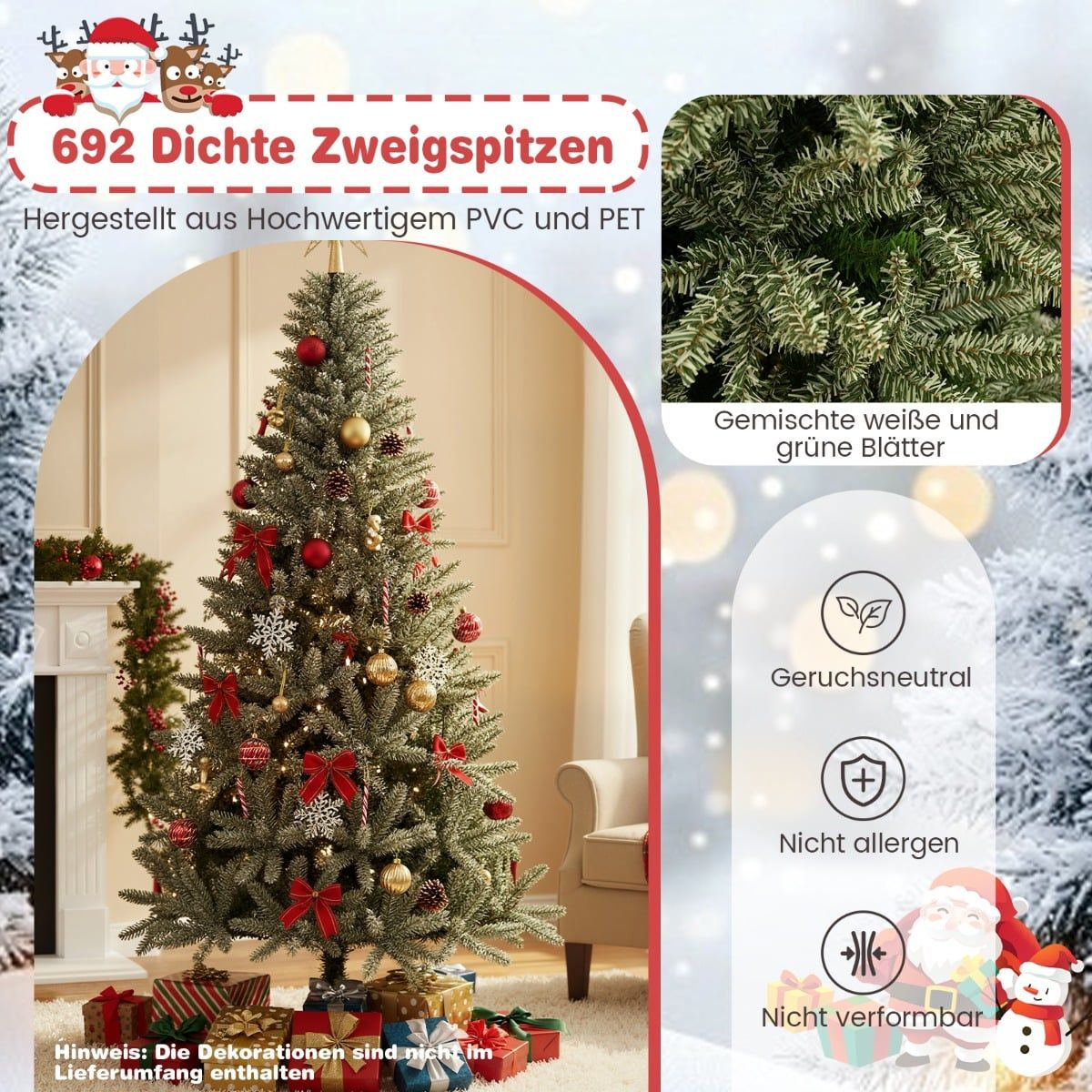 Een versierde kerstboom met rode strikken, gouden ballen en sneeuwvlokken.