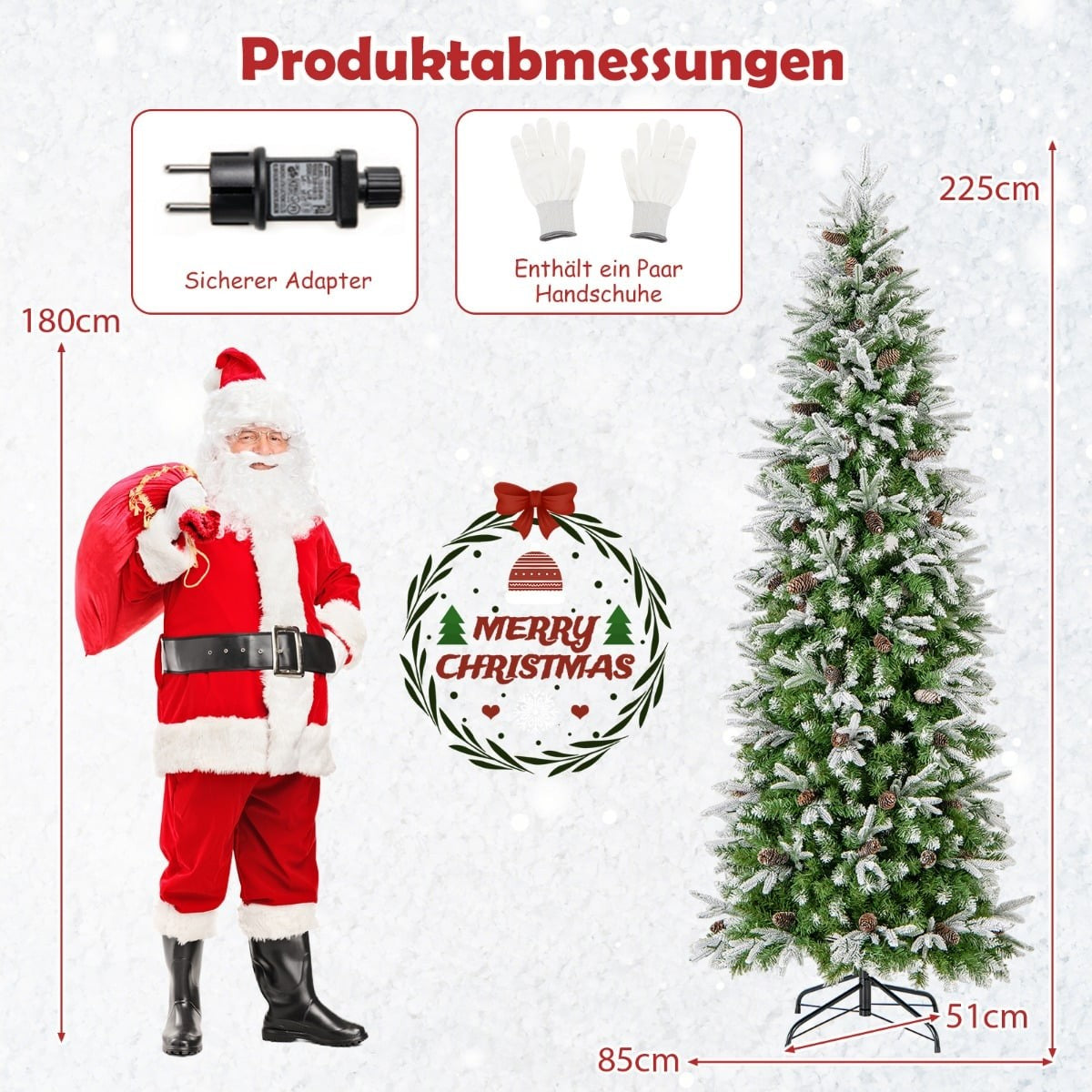 Een Kerstman staat naast een versierde kerstboom met afmetingen.