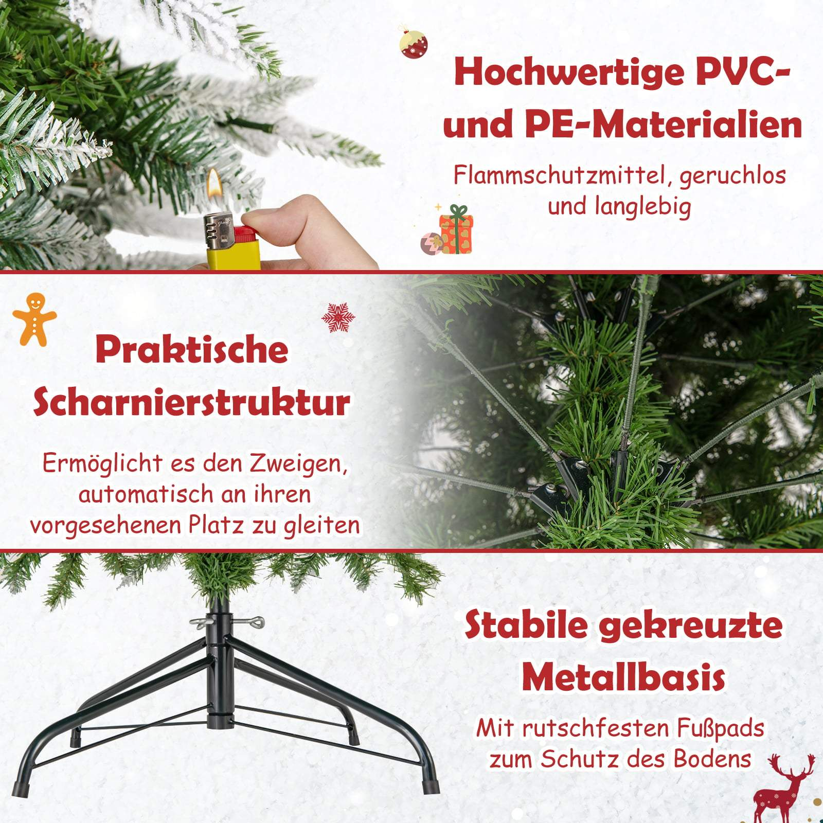 Close-up van een kunstkerstboom met details van materialen, structuur en basis.