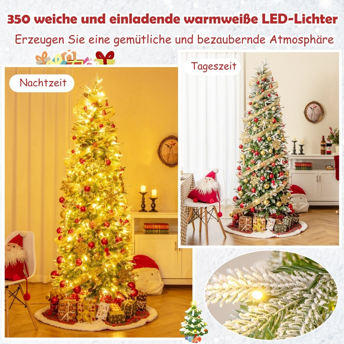 Kerstboom met lichtjes en versieringen, dag- en nachtweergave.