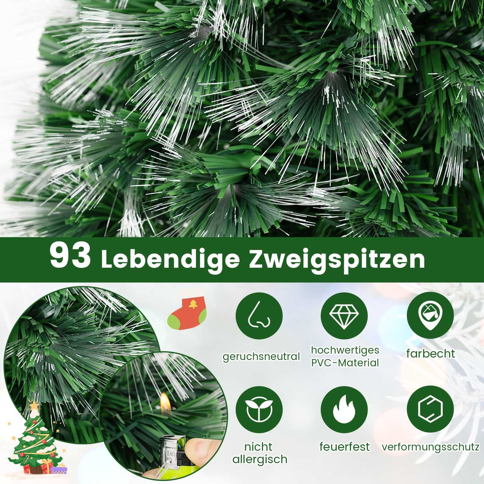 Groene kerstboom met witte toppen, iconen voor geur, materiaal, kleur, allergie, vuur & vorm.