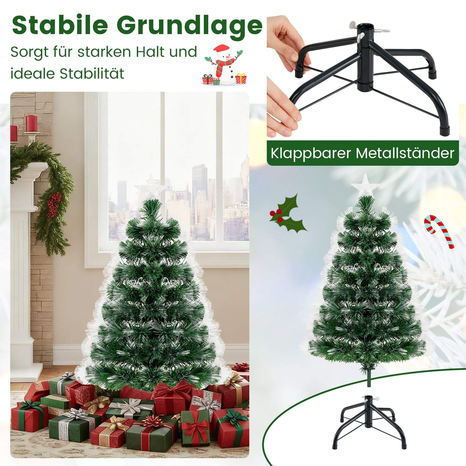 Een groene kerstboom met witte punten en cadeaus staat op de vloer.