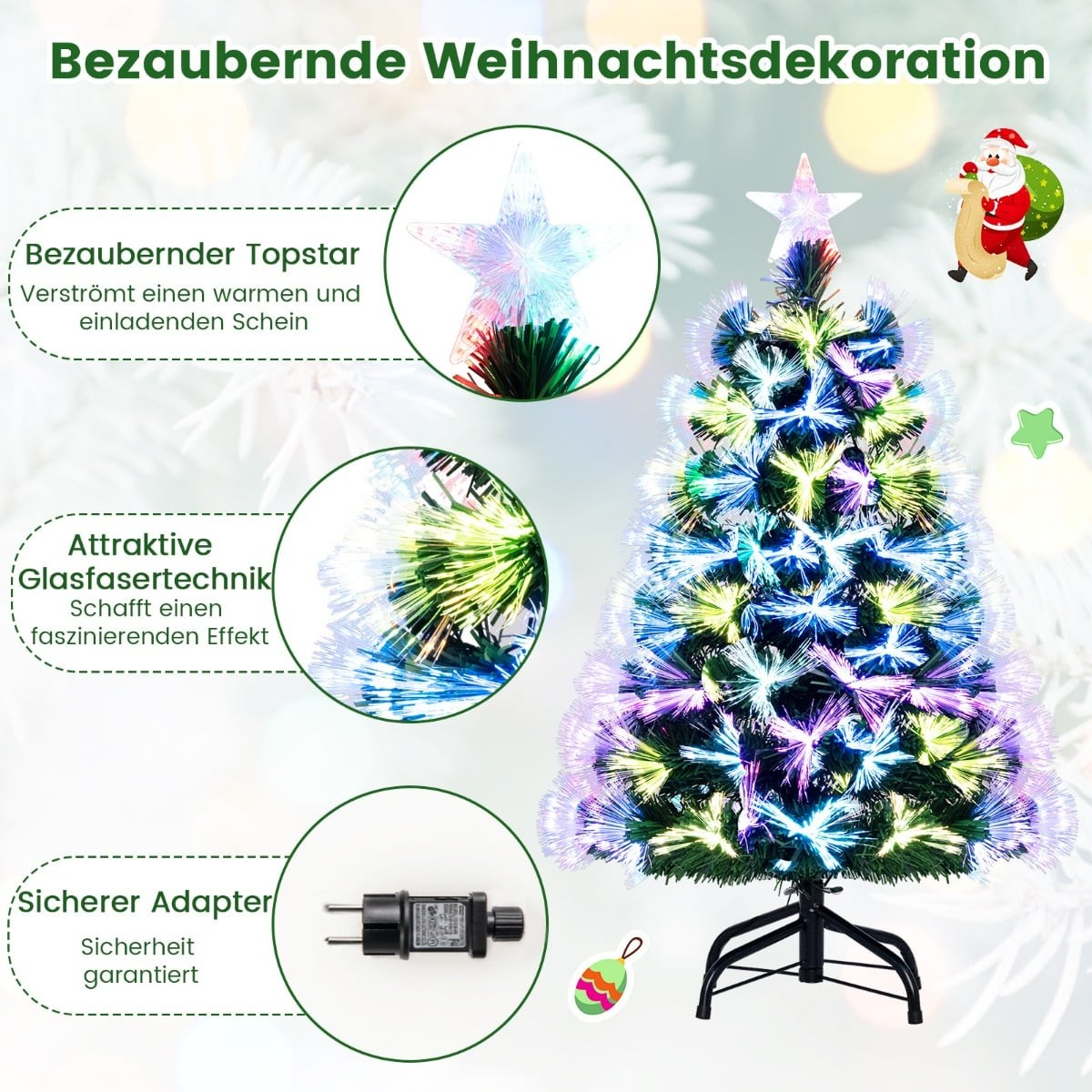 Een verlichte glasvezel kerstboom met ster-top en adapter.