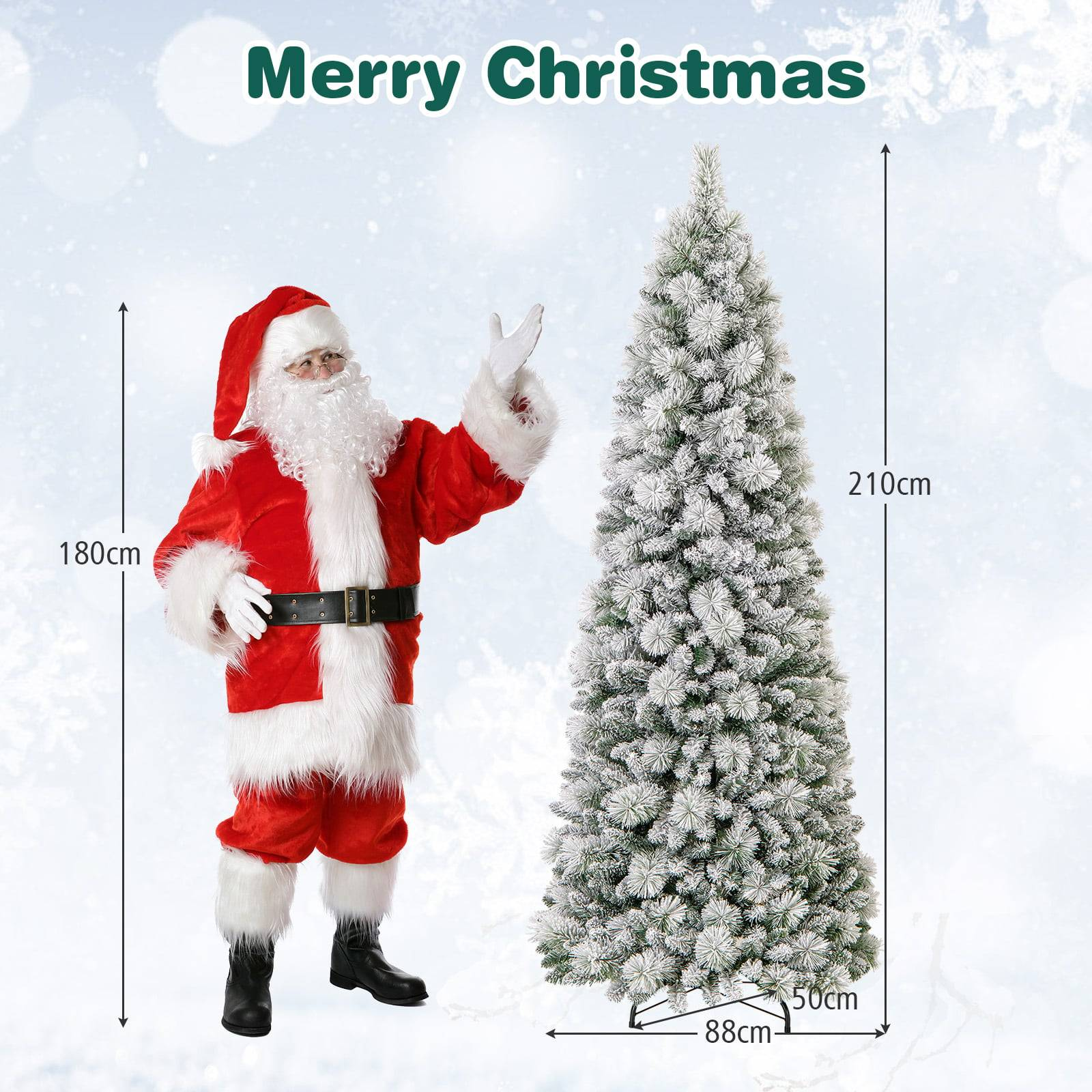 De Kerstman staat naast een met sneeuw bedekte kerstboom. Boom is 210 cm hoog.