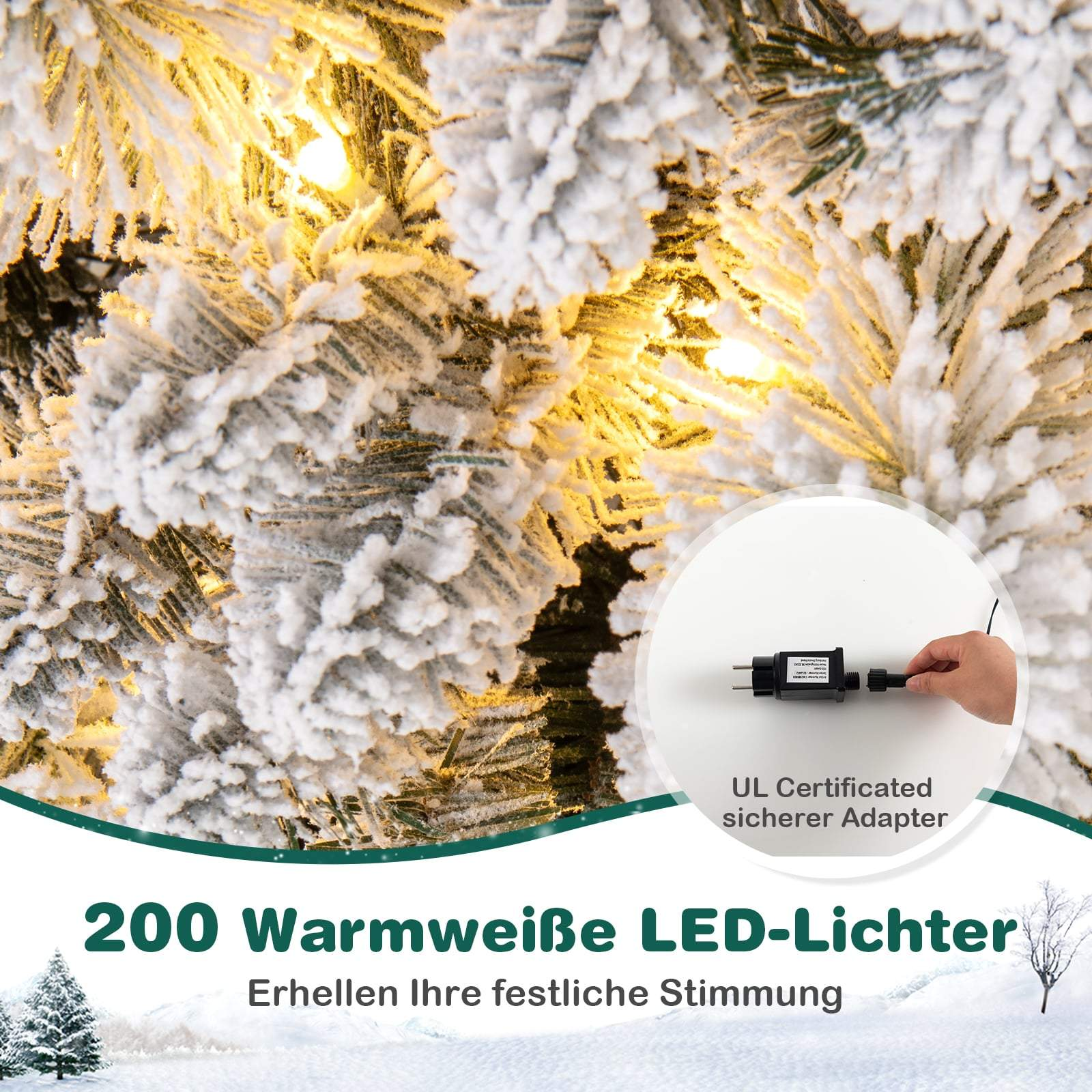 Besneeuwde dennentakken met warmwitte LED's en adapter. Winterlandschap op de achtergrond.