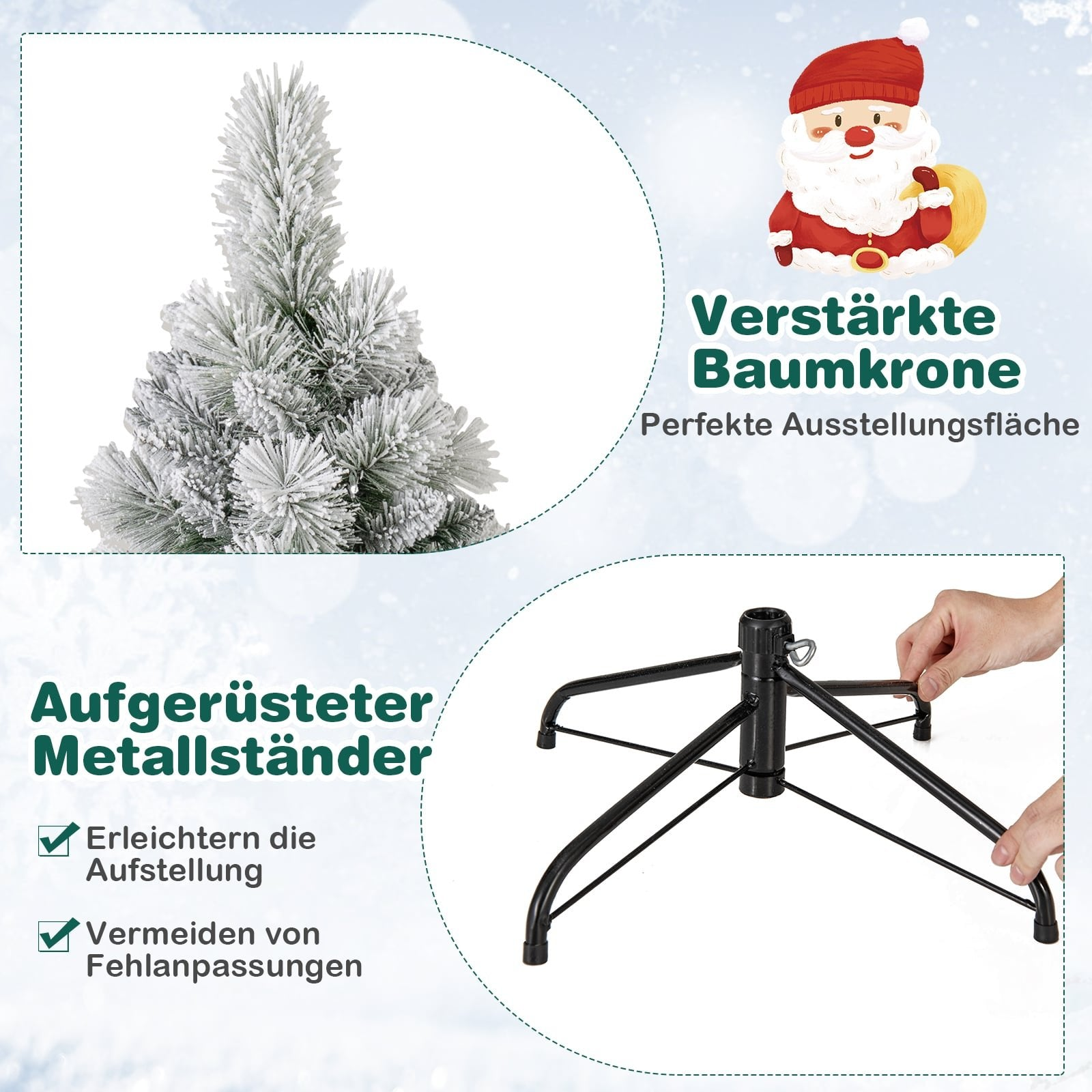 Close-ups van een besneeuwde kerstboom, een standaard en een kerstmanillustratie.