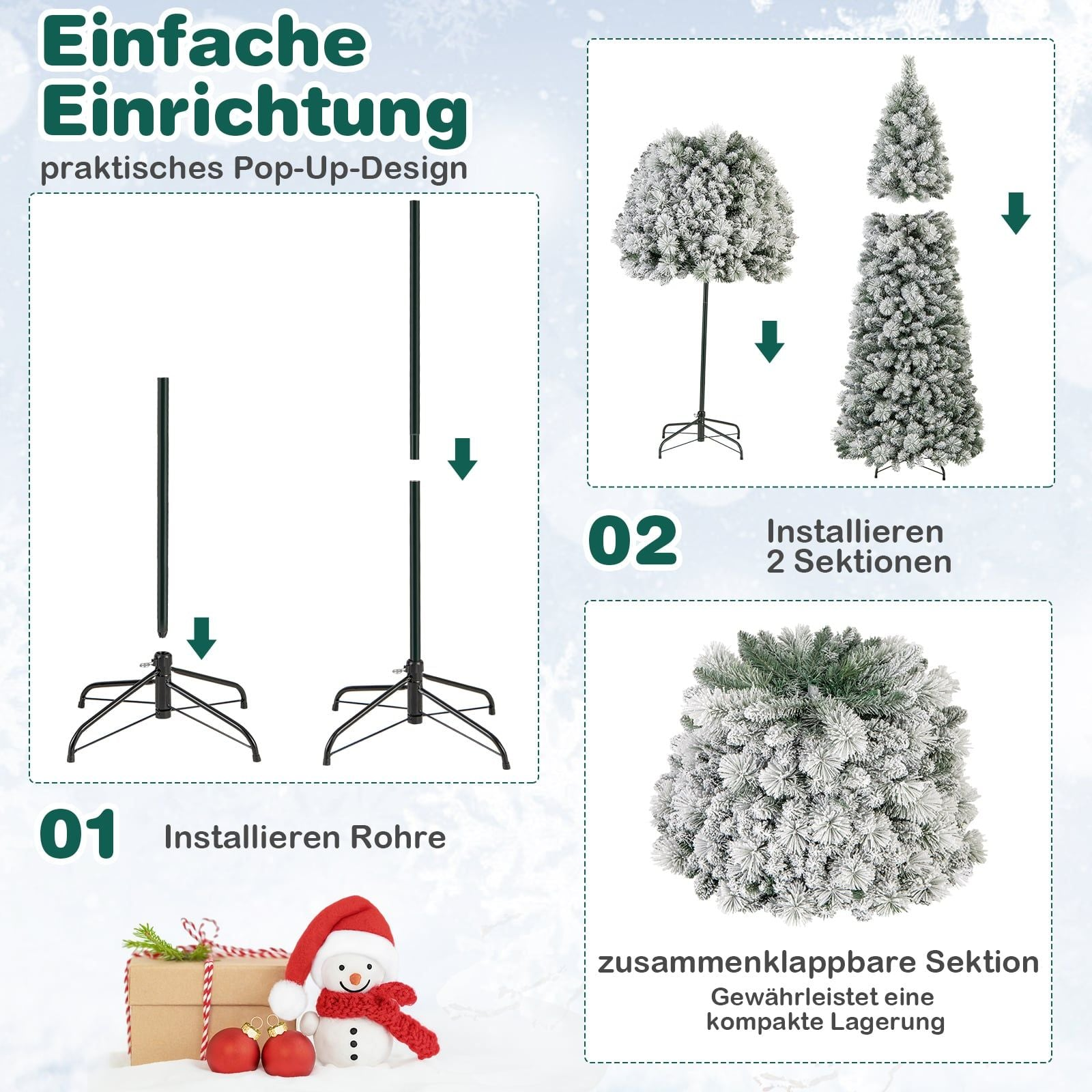 Illustraties voor eenvoudige kerstboominstallatie: montage van de standaard en secties.