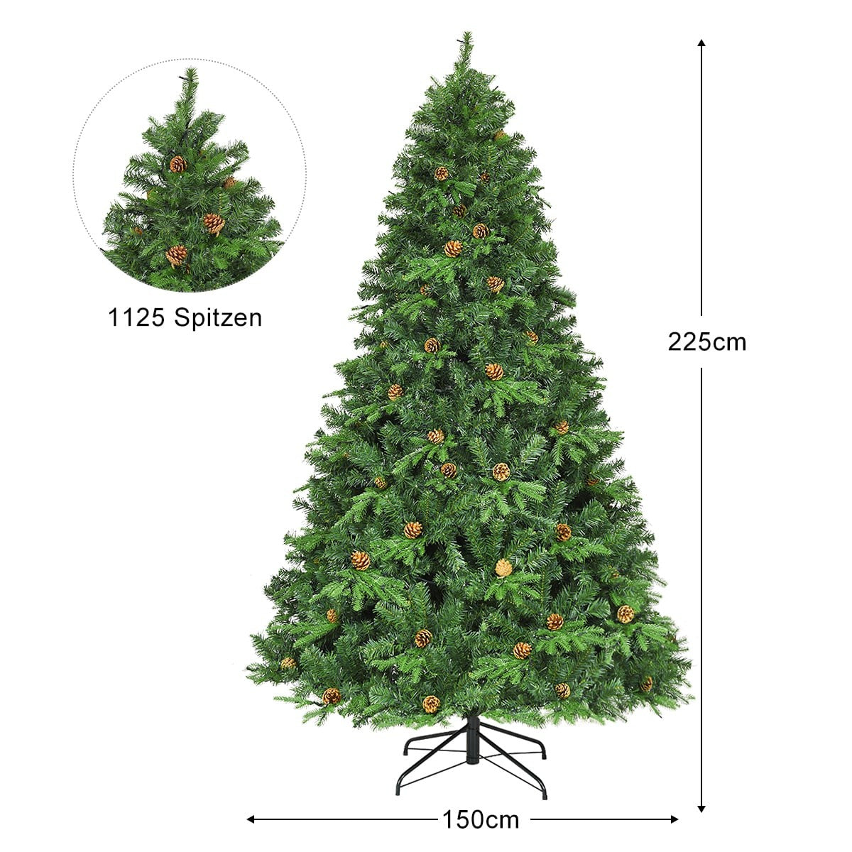 Een grote, volle kunstkerstboom met 1125 takken en dennenappels.