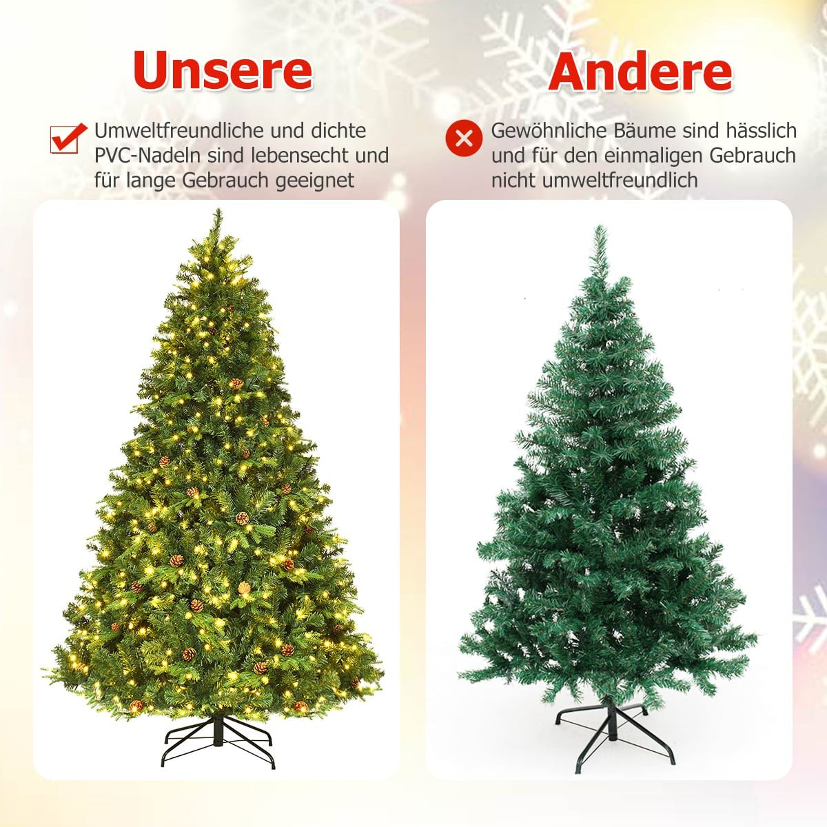 Twee kerstbomen: links een verlichte, rechts een groene boom.