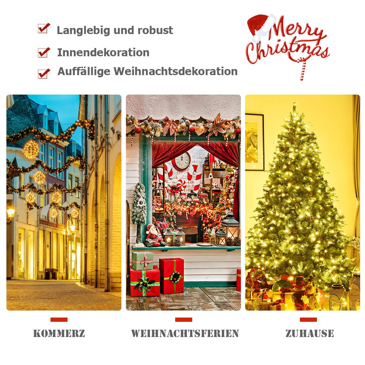 Drie kersttaferelen: verlichte straat, etalage, kerstboom.