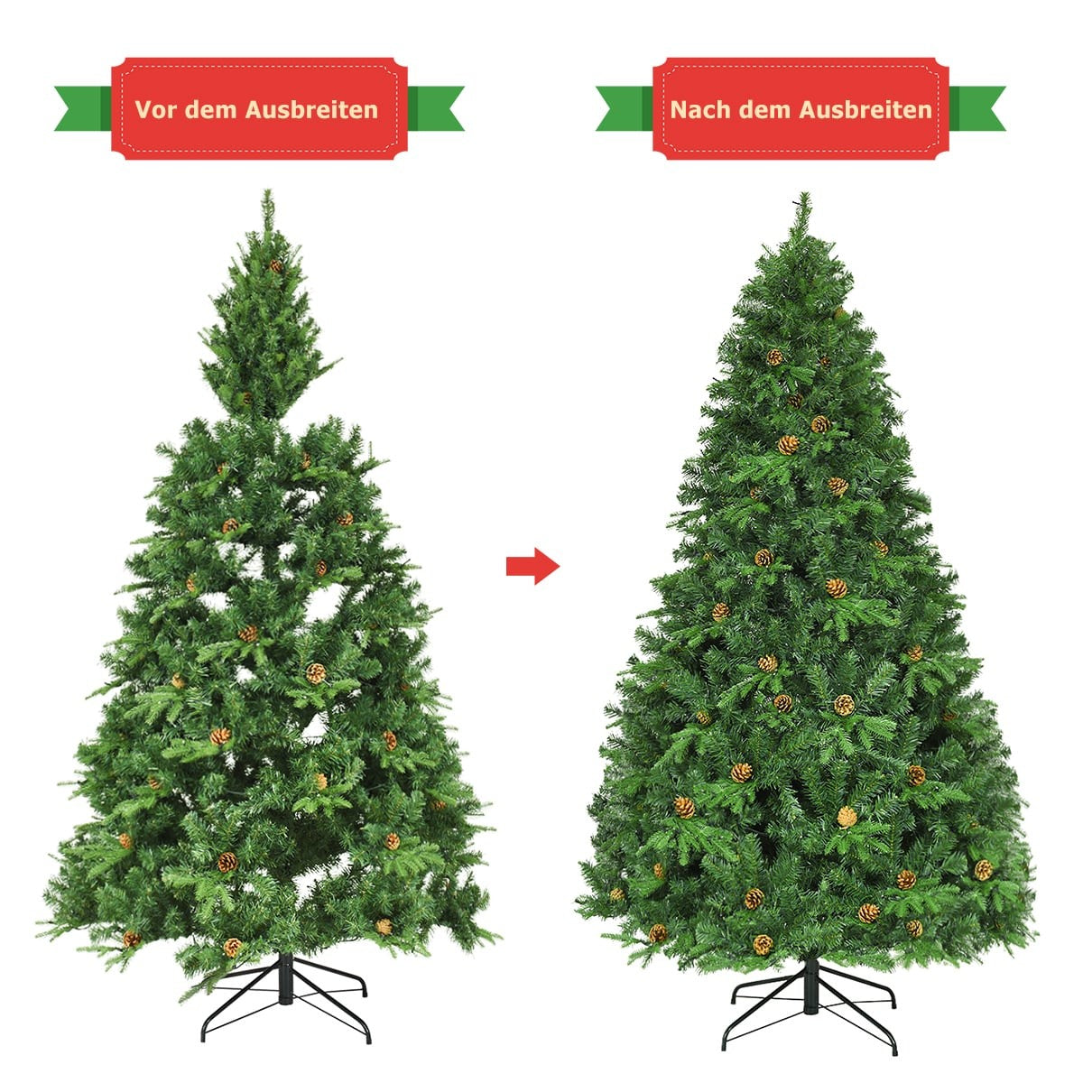 Twee kerstbomen: links vóór het uitvouwen, rechts volledig uitgevouwen.