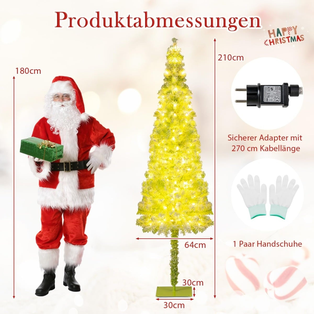 Een Kerstman staat naast een felgele kerstboom met lichtjes.
