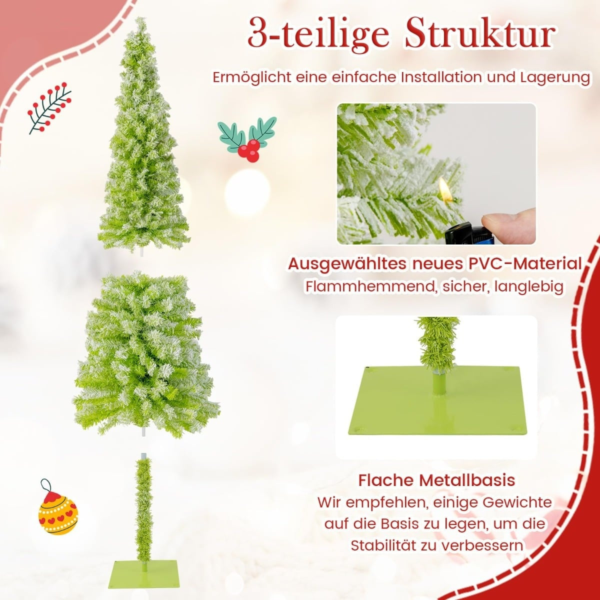 Groene kerstboom uit drie delen met metalen voet en PVC-materiaal.