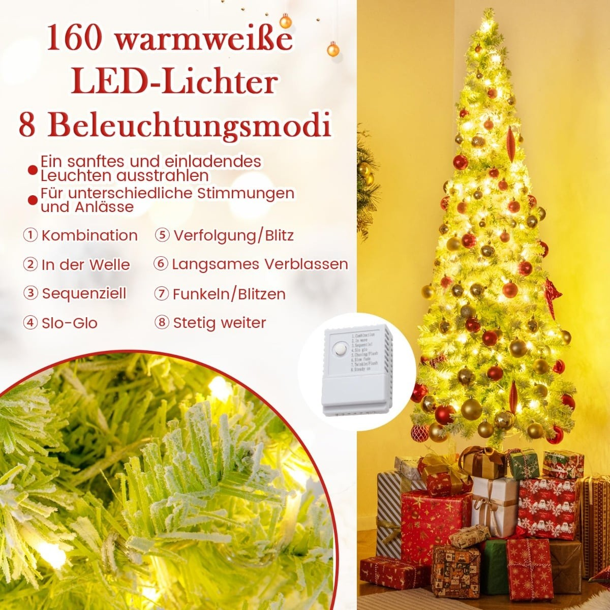 Een versierde kerstboom met warmwitte LED-lampjes en cadeaus.