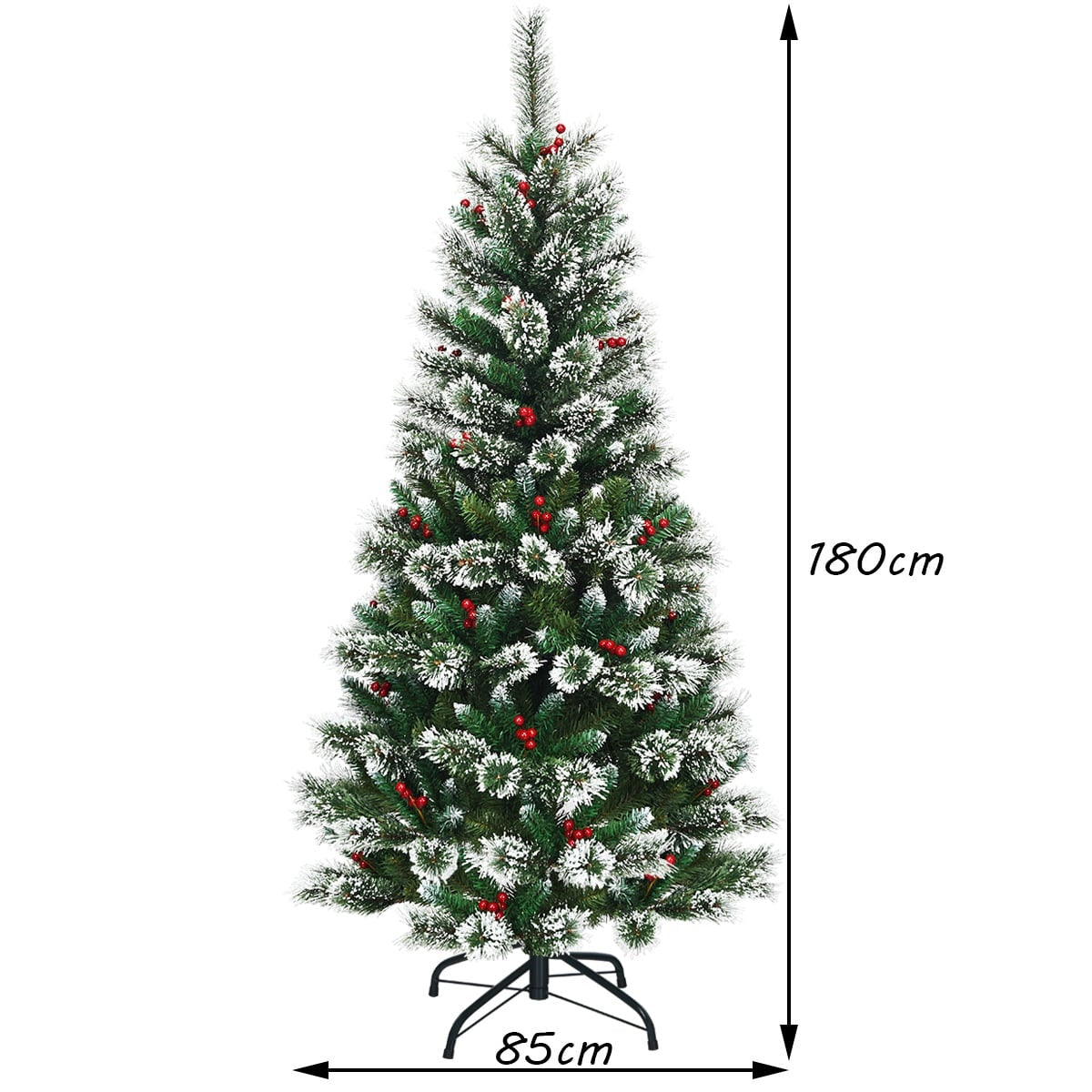 Een 180 cm kerstboom versierd met kunstsneeuw en rode bessen.