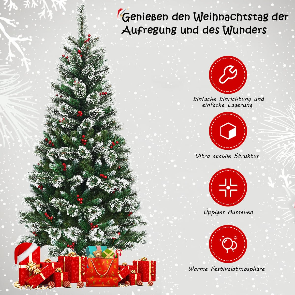 Een versierde kerstboom met cadeaus en tekst over kerstsfeer.