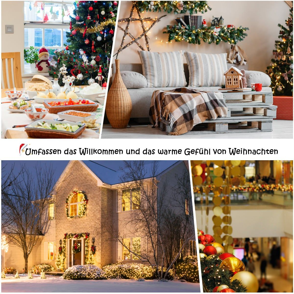 Kerstdecoratie: Feestelijk eten, gezellige woonkamer, verlicht huis.