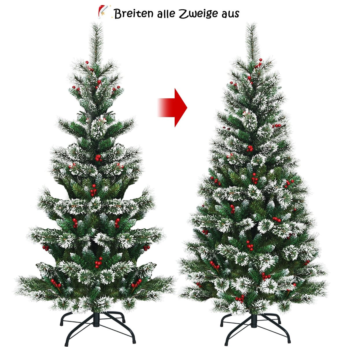 Twee versierde kunstkerstbomen met sneeuw en bessen naast elkaar.