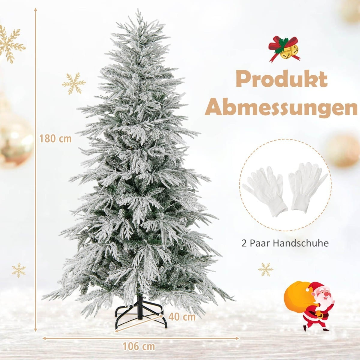 Een 180 cm hoge kunstboom met sneeuw-effect, 106 cm breed. Inclusief handschoenen en Kerstman.