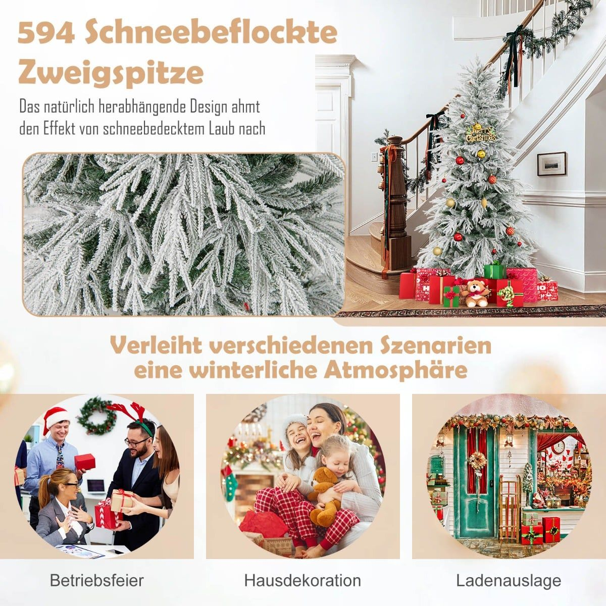 Met sneeuw bedekte dennentakken, kerstboom met cadeaus, familie en winkel.