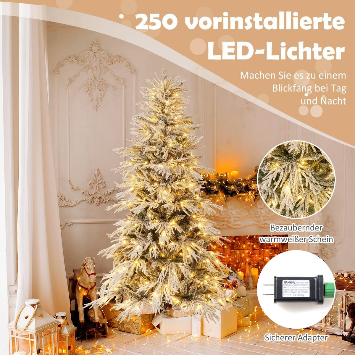 Een versierde kerstboom met lampjes en cadeaus.
