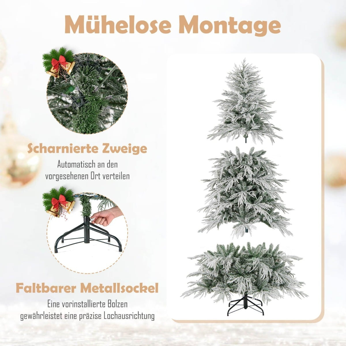 Kunstkerstbomen met scharnierende takken en opvouwbare metalen voet.