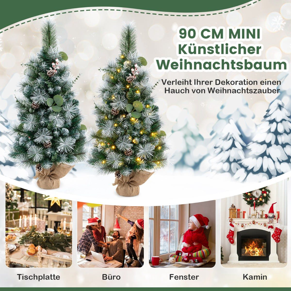 Twee kunstkerstbomen versierd met dennenappels en bessen, getoond op een tafel en in diverse scènes.