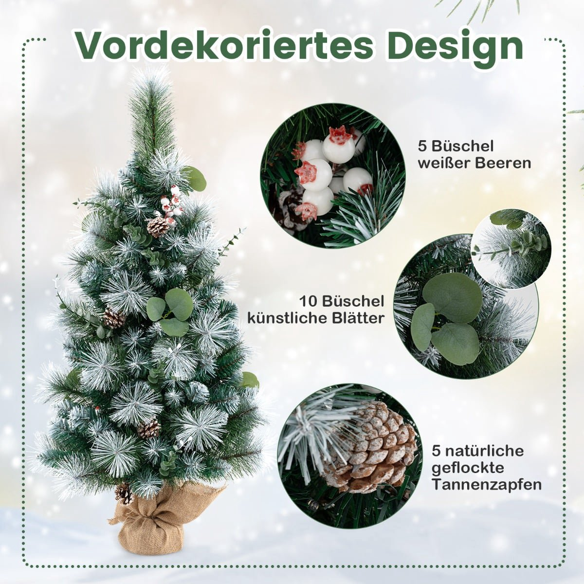 Een kleine kerstboom versierd met witte bessen, bladeren en dennenappels.