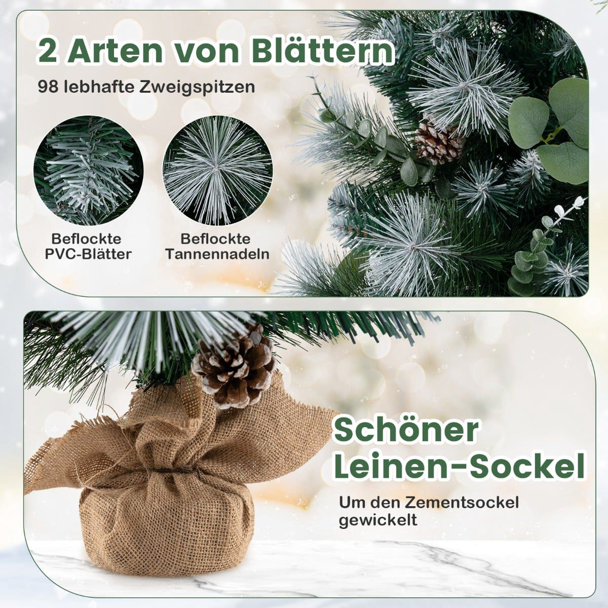Een kunstkerstboom met twee soorten bladeren en een linnen voet.