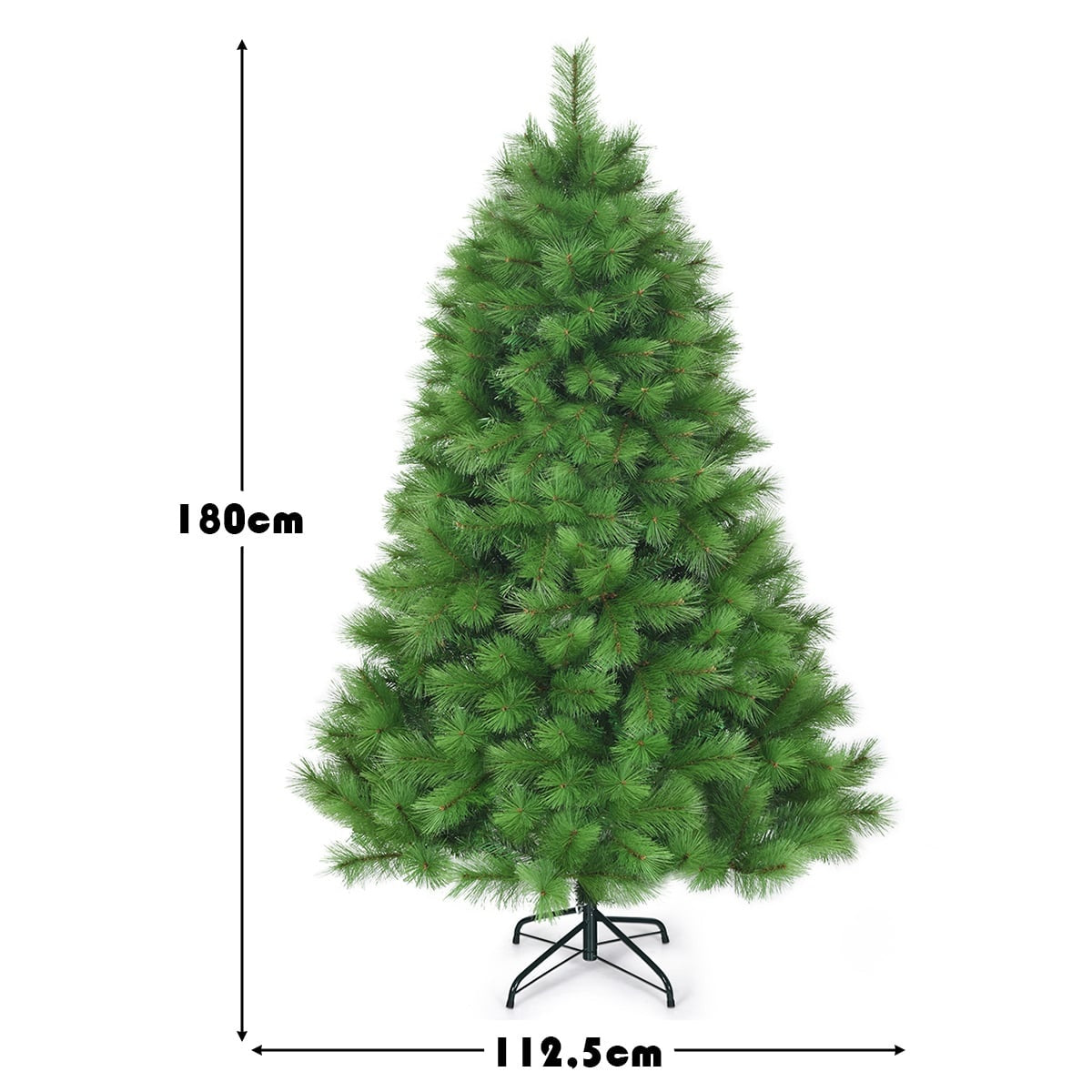 Een 180 cm hoge, volle groene kerstboom met metalen standaard.