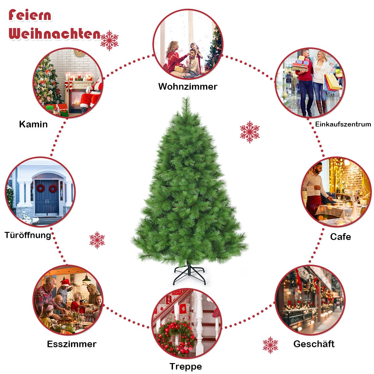 Een kerstboom omringd door acht kleine afbeeldingen die verschillende kersttaferelen weergeven.