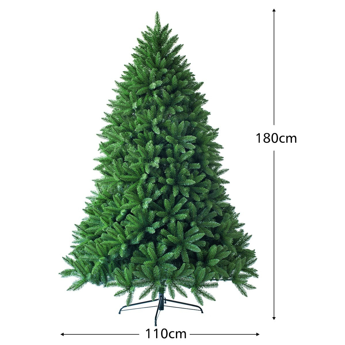 Een 180 cm hoge, 110 cm brede, groene kunstkerstboom.