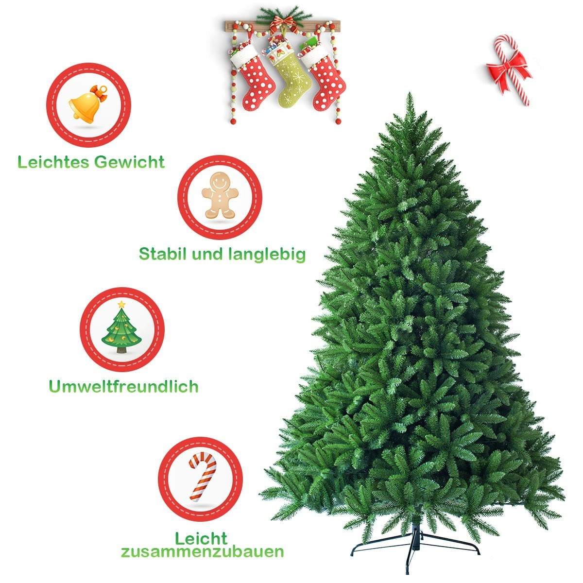 Groene kerstboom met rode kerstsokken en lolly's.
