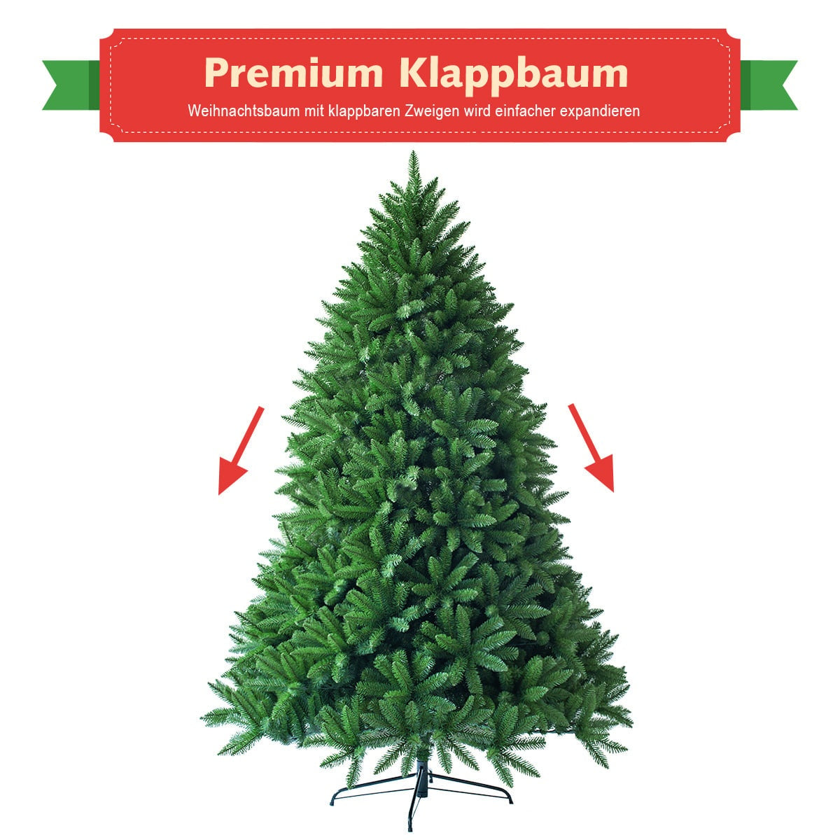 Een groene kunstkerstboom met rode pijlen die naar de zijkanten wijzen.