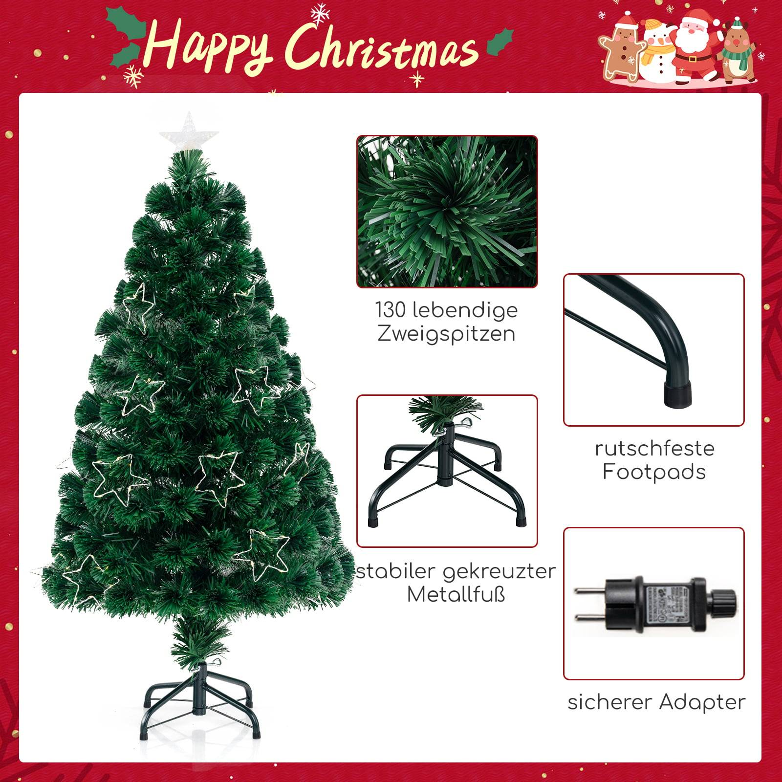 Groene kerstboom met sterverlichting en close-ups van takken, voet en adapter.