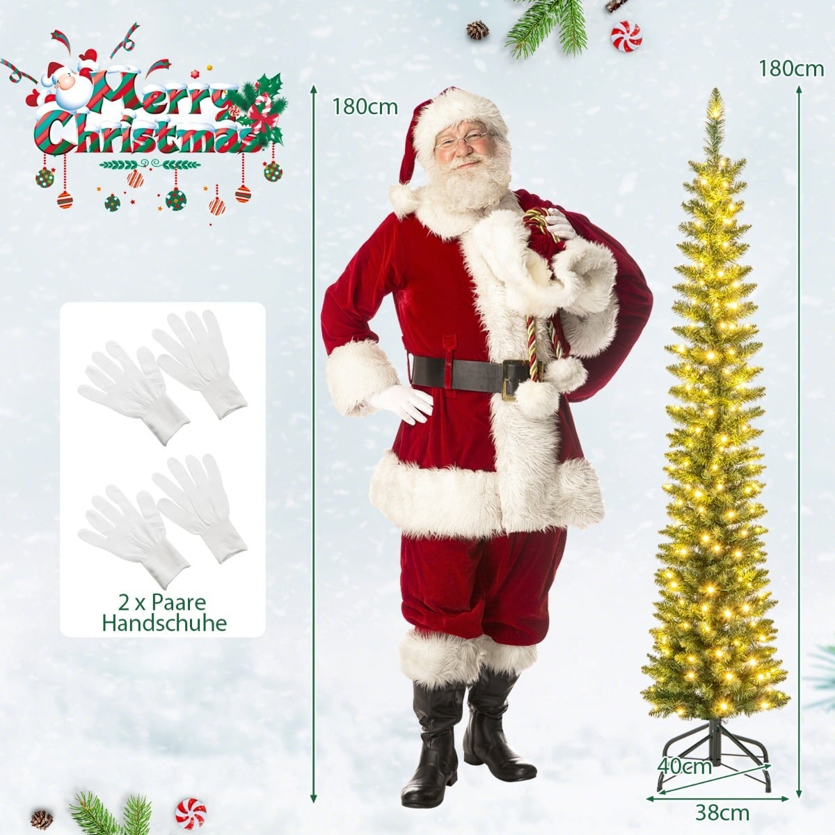 Een 180cm kerstman staat naast een 180cm verlichte kerstboom. Witte handschoenen liggen ernaast.