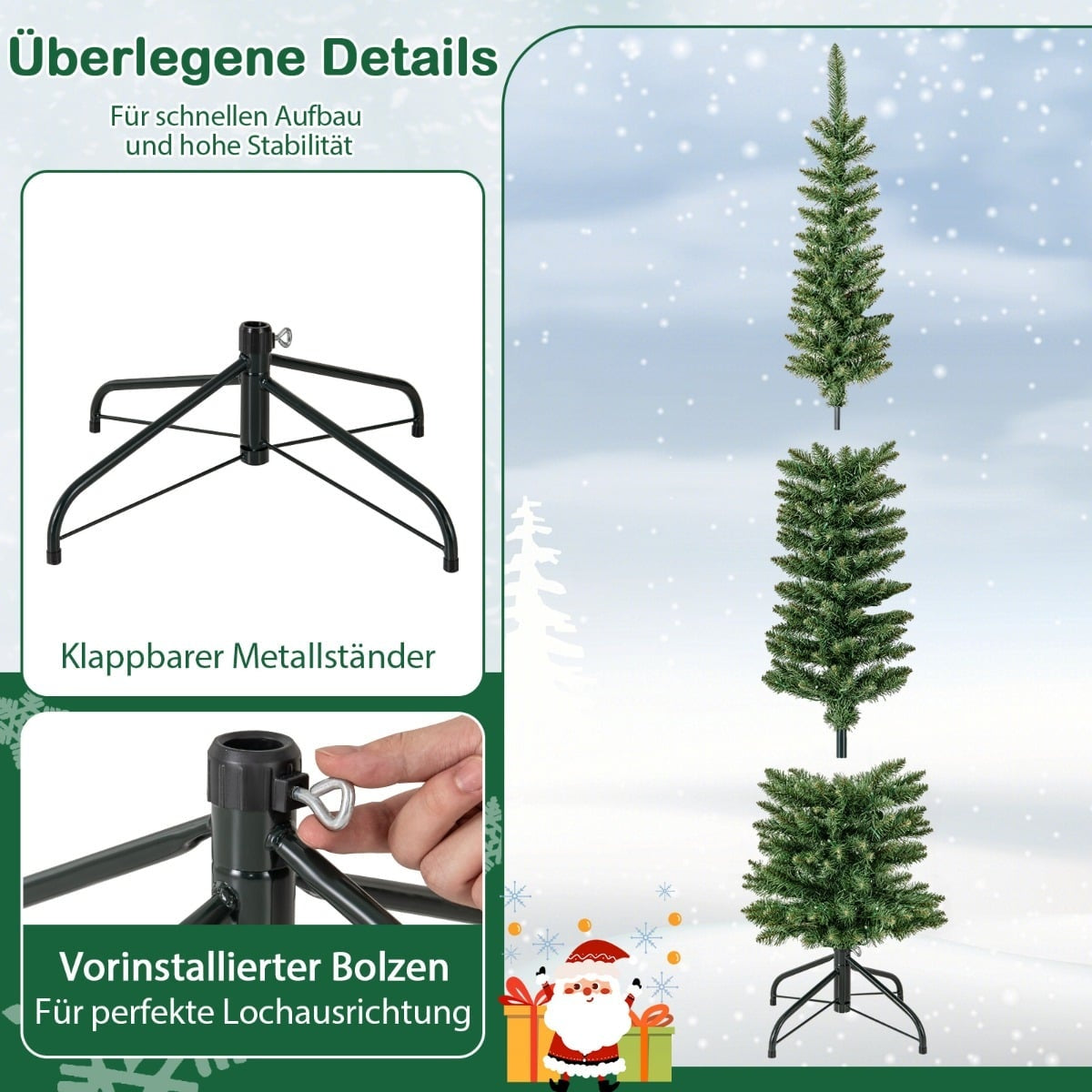 Details van een opvouwbare metalen boomstandaard, met Santa.