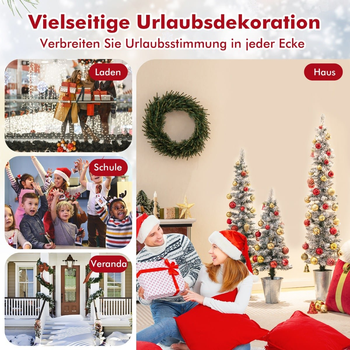 Feestelijke decoraties: winkel, school, veranda en huis. Kerstbomen en cadeaus.