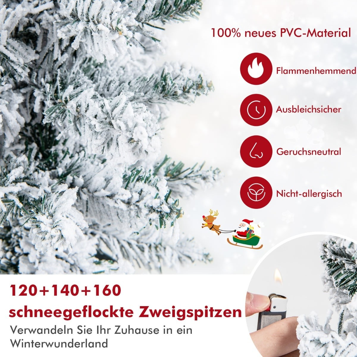 Besneeuwde kerstboompunten met iconen: vlamvertragend, lichtecht, geurloos, hypoallergeen.