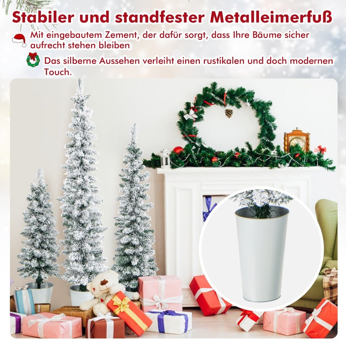 Vier besneeuwde kerstbomen, cadeaus en een open haard met krans.